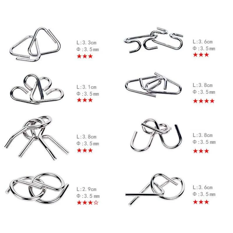 8pcs/Set Metal Wire Puzzle IQ Mind Brain Teaser Puzzles Game Adults Children Kids  Early Educational Toys A Nice Gift.