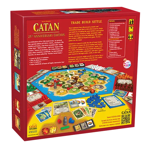 Catan 25th Anniversary Edition Board Game - Includes Pecial Custom Wood, Catan Dice, Card Sorting Trays and Protective Card Sleeves