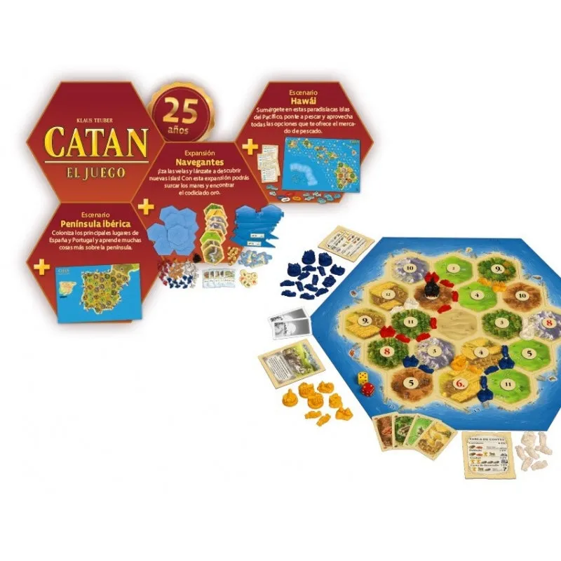 Catan 25th Anniversary Edition Board Game - Includes Pecial Custom Wood, Catan Dice, Card Sorting Trays and Protective Card Sleeves