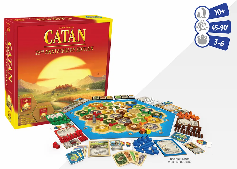 Catan 25th Anniversary Edition Board Game - Includes Pecial Custom Wood, Catan Dice, Card Sorting Trays and Protective Card Sleeves