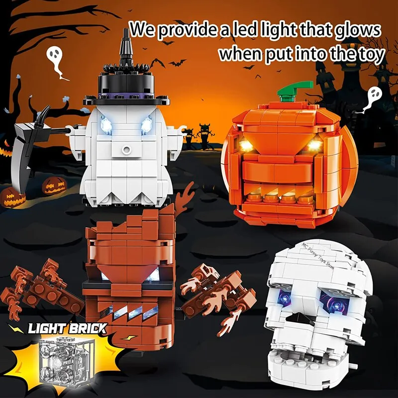 Happy Halloween Pumpkin Lighting Hut Bricks Sets Creative Pumpkin Ghosts Party House Model Building Block Kids Boys Toys Gifts