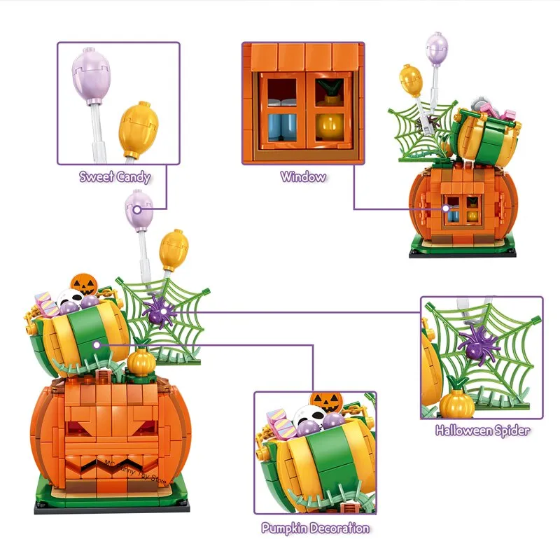 Happy Halloween Pumpkin Lighting Hut Bricks Sets Creative Pumpkin Ghosts Party House Model Building Block Kids Boys Toys Gifts