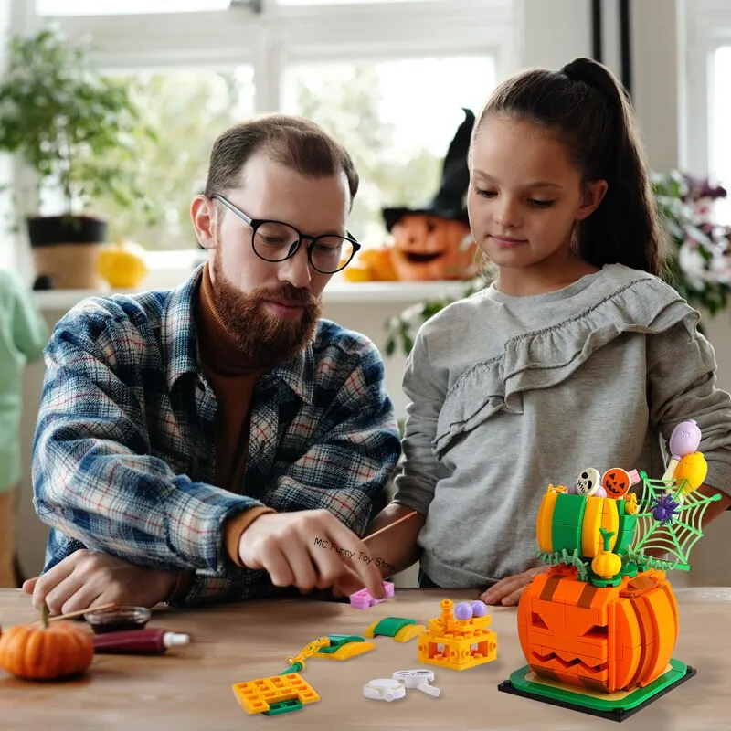 Happy Halloween Pumpkin Lighting Hut Bricks Sets Creative Pumpkin Ghosts Party House Model Building Block Kids Boys Toys Gifts