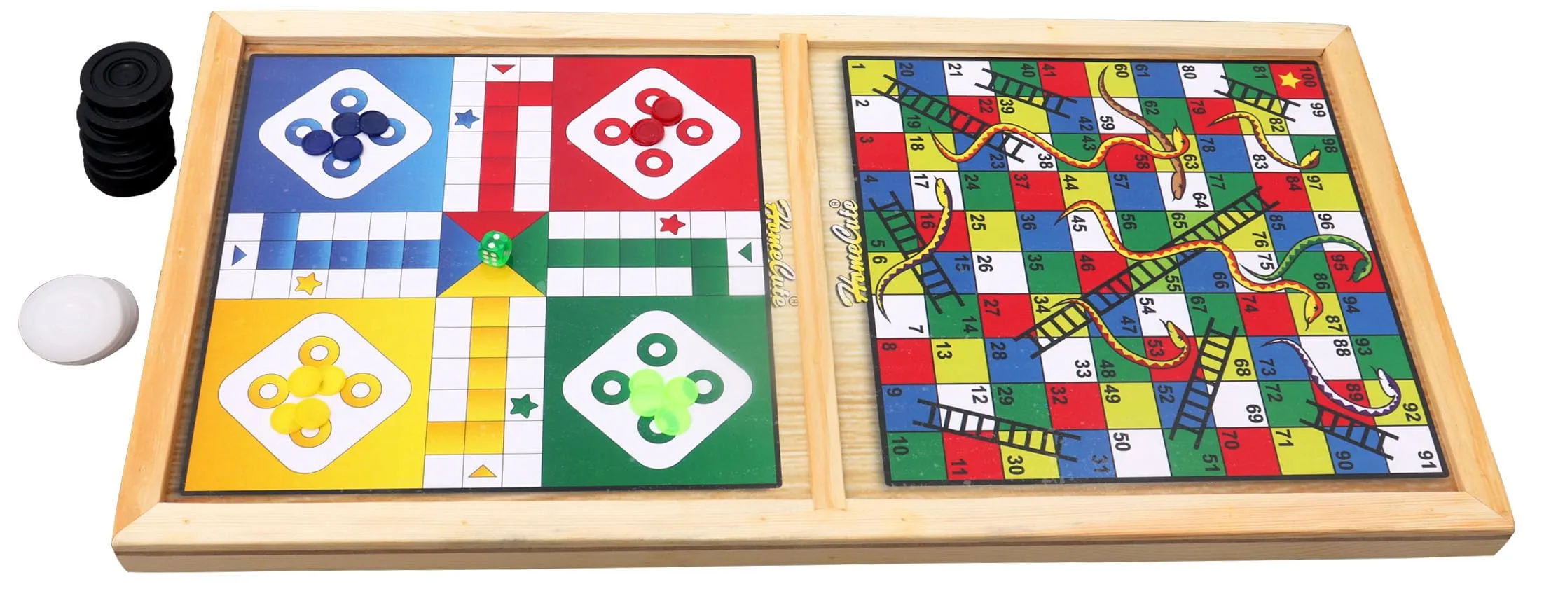 Homecute Wooden Fastest Finger Board Game with Ludo and Snake and Ladder 3 in 1, Indoor Games for Kids, Fast Sling Puck Board Game for Adult Parent Kids Children Family.