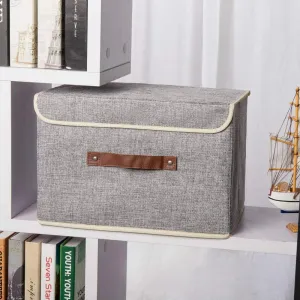 Kuber Industries Small Storage Box With Lid|Foldable Toys Storage Bin|Wardrobe Organizer For clothes|Front Handle & Sturdy (Grey)