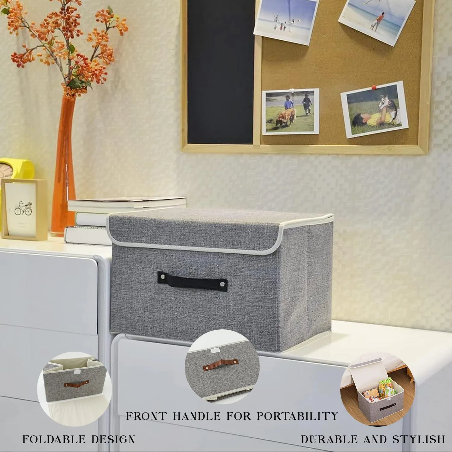 Kuber Industries Small Storage Box With Lid|Foldable Toys Storage Bin|Wardrobe Organizer For clothes|Front Handle & Sturdy (Grey)