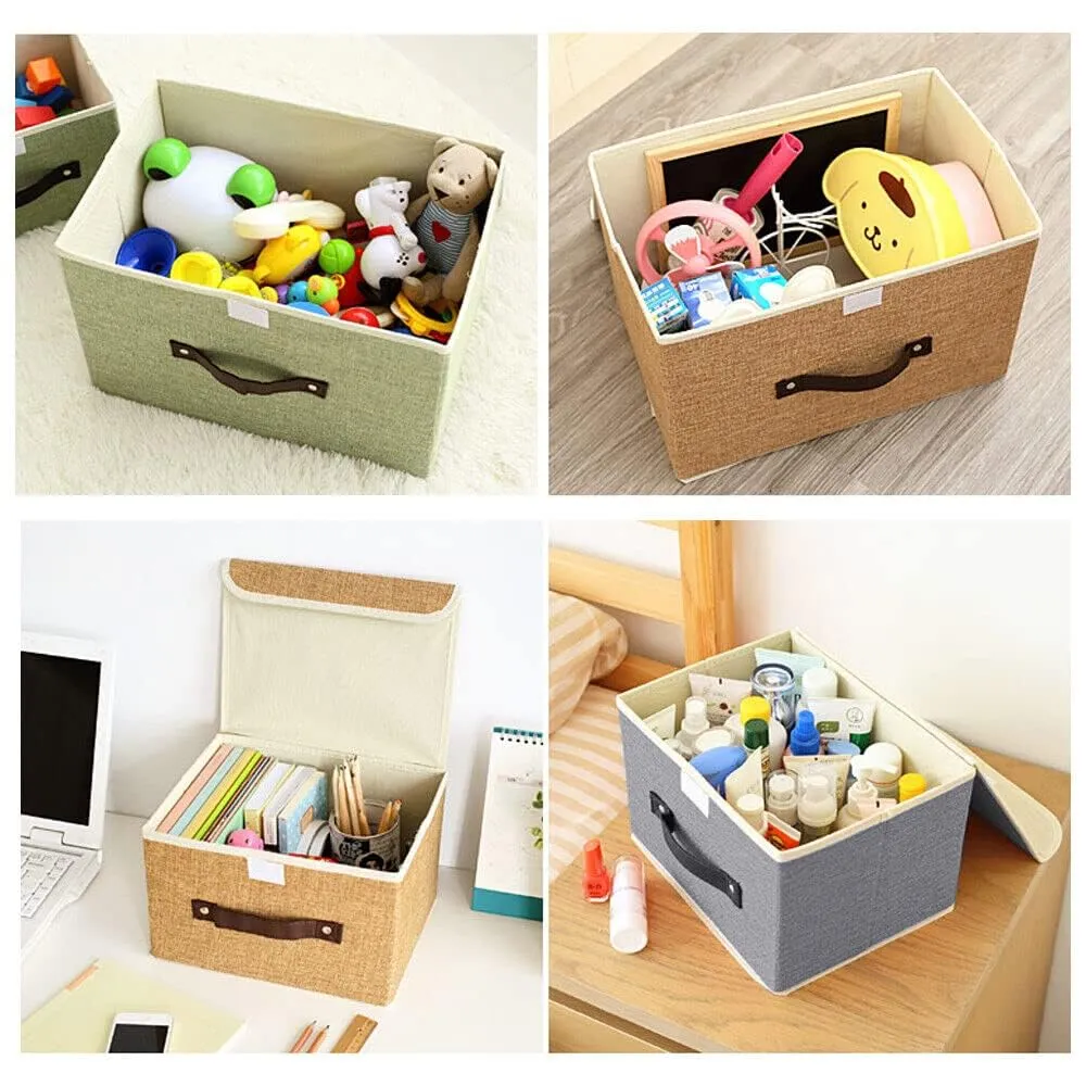 Kuber Industries Small Storage Box With Lid|Foldable Toys Storage Bin|Wardrobe Organizer For clothes|Front Handle & Sturdy Pack Of-3 (Khadi)