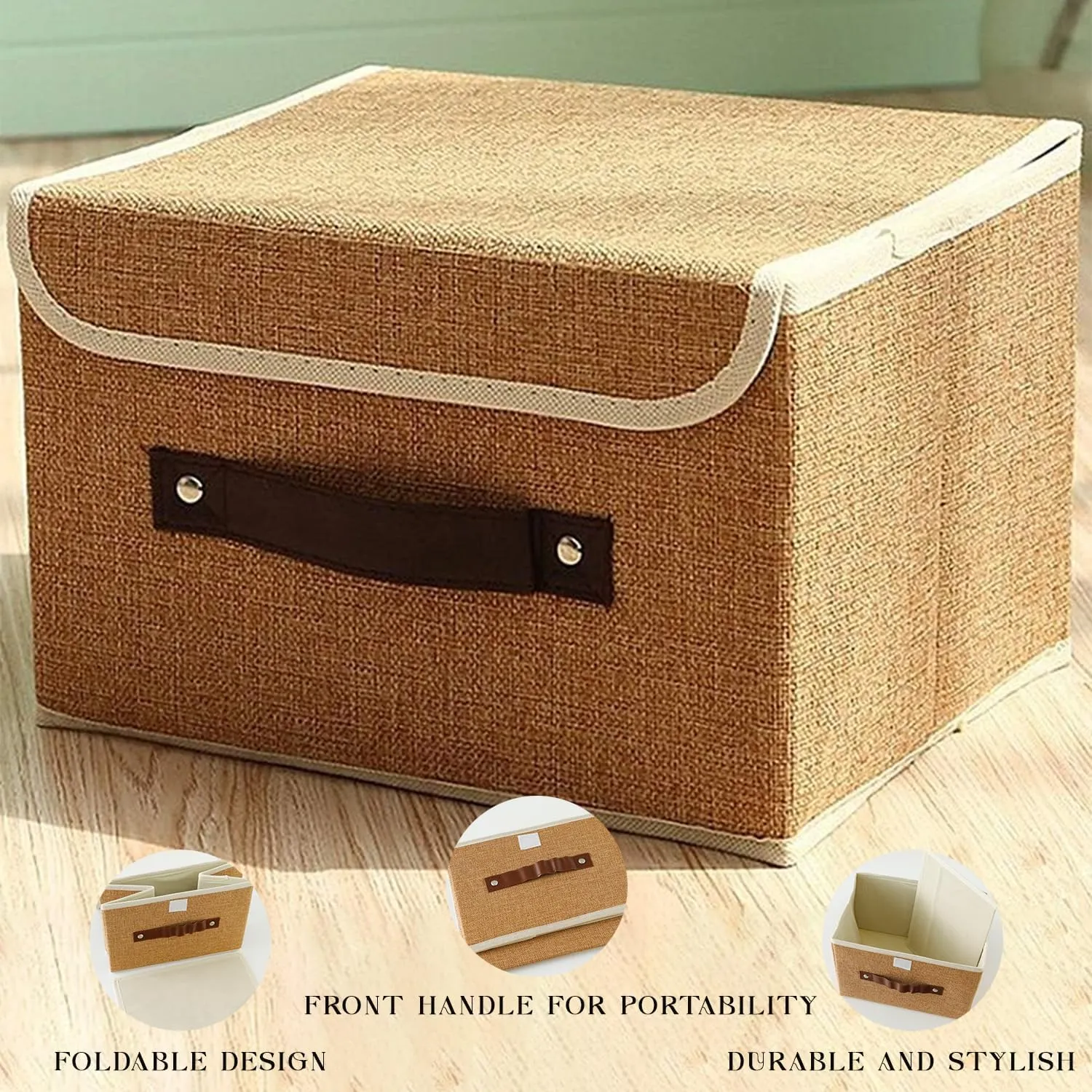 Kuber Industries Small Storage Box With Lid|Foldable Toys Storage Bin|Wardrobe Organizer For clothes|Front Handle & Sturdy Pack Of-3 (Khadi)