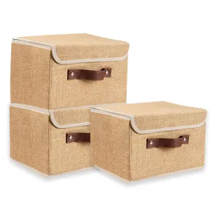 Kuber Industries Small Storage Box With Lid|Foldable Toys Storage Bin|Wardrobe Organizer For clothes|Front Handle & Sturdy Pack Of-3 (Khadi)