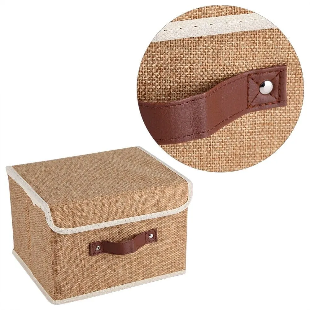 Kuber Industries Small Storage Box With Lid|Foldable Toys Storage Bin|Wardrobe Organizer For clothes|Front Handle & Sturdy Pack Of-3 (Khadi)