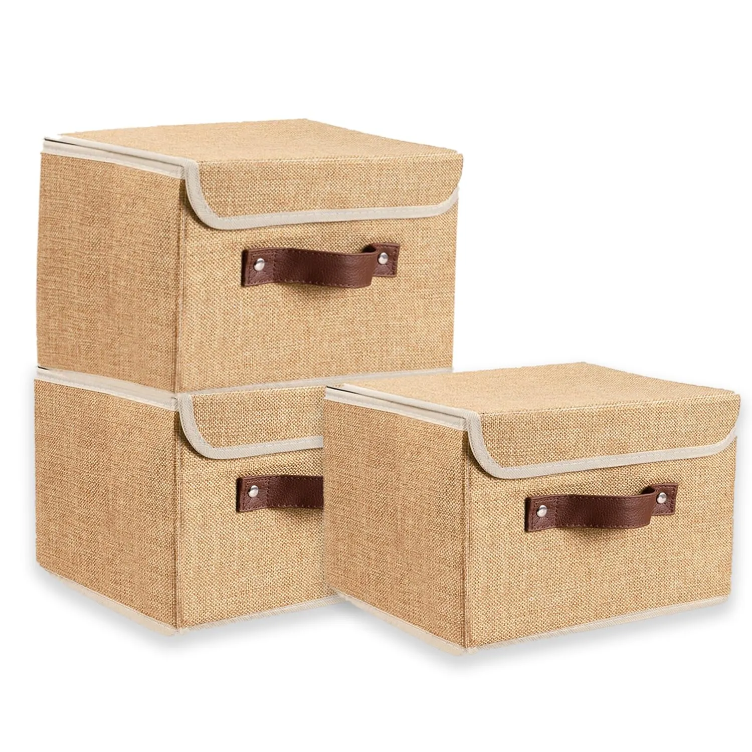 Kuber Industries Small Storage Box With Lid|Foldable Toys Storage Bin|Wardrobe Organizer For clothes|Front Handle & Sturdy Pack Of-3 (Khadi)