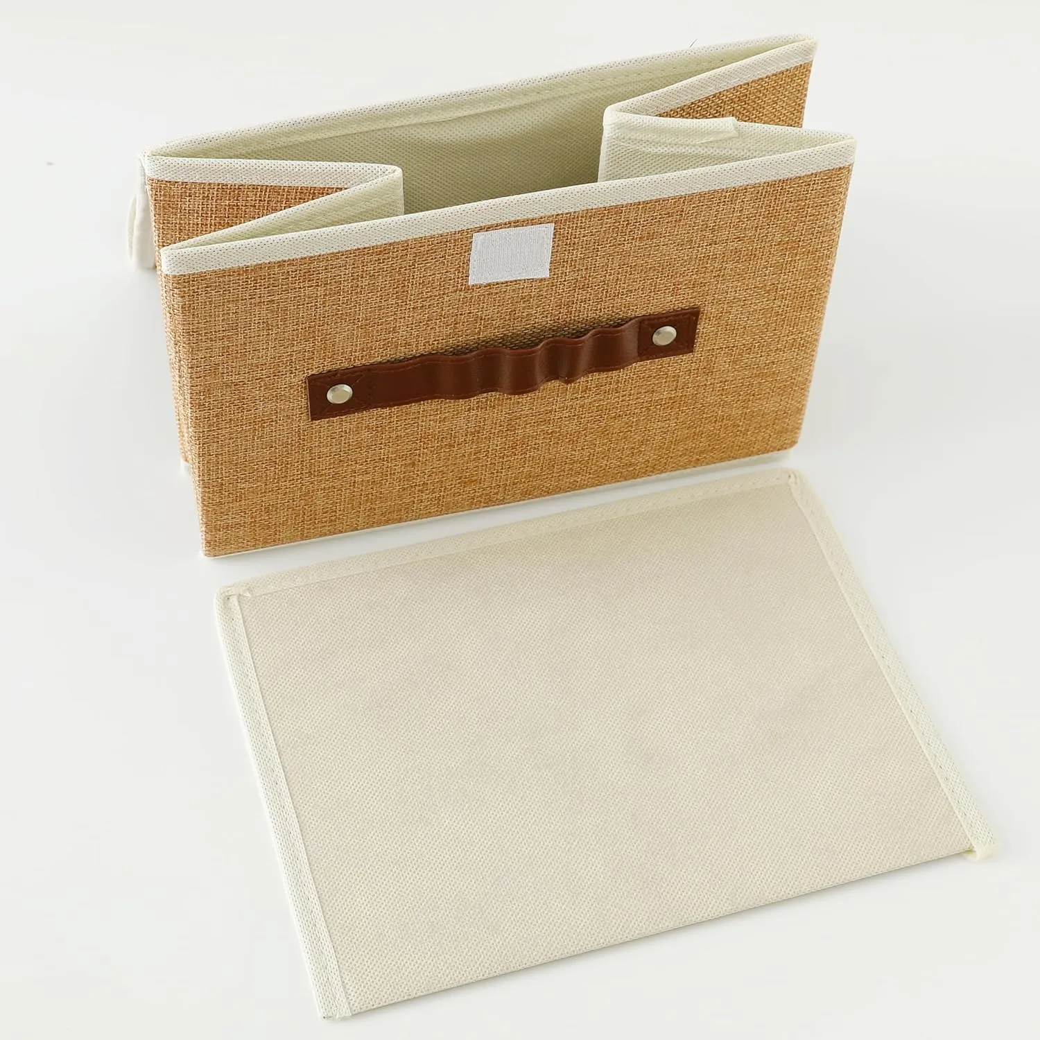 Kuber Industries Small Storage Box With Lid|Foldable Toys Storage Bin|Wardrobe Organizer For clothes|Front Handle & Sturdy Pack Of-4 (Khadi)
