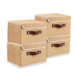 Kuber Industries Small Storage Box With Lid|Foldable Toys Storage Bin|Wardrobe Organizer For clothes|Front Handle & Sturdy Pack Of-4 (Khadi)