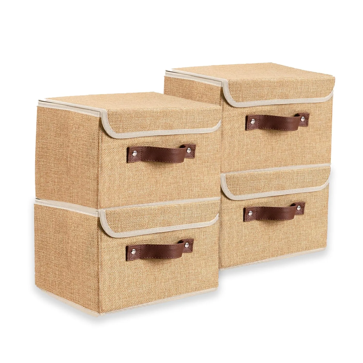 Kuber Industries Small Storage Box With Lid|Foldable Toys Storage Bin|Wardrobe Organizer For clothes|Front Handle & Sturdy Pack Of-4 (Khadi)