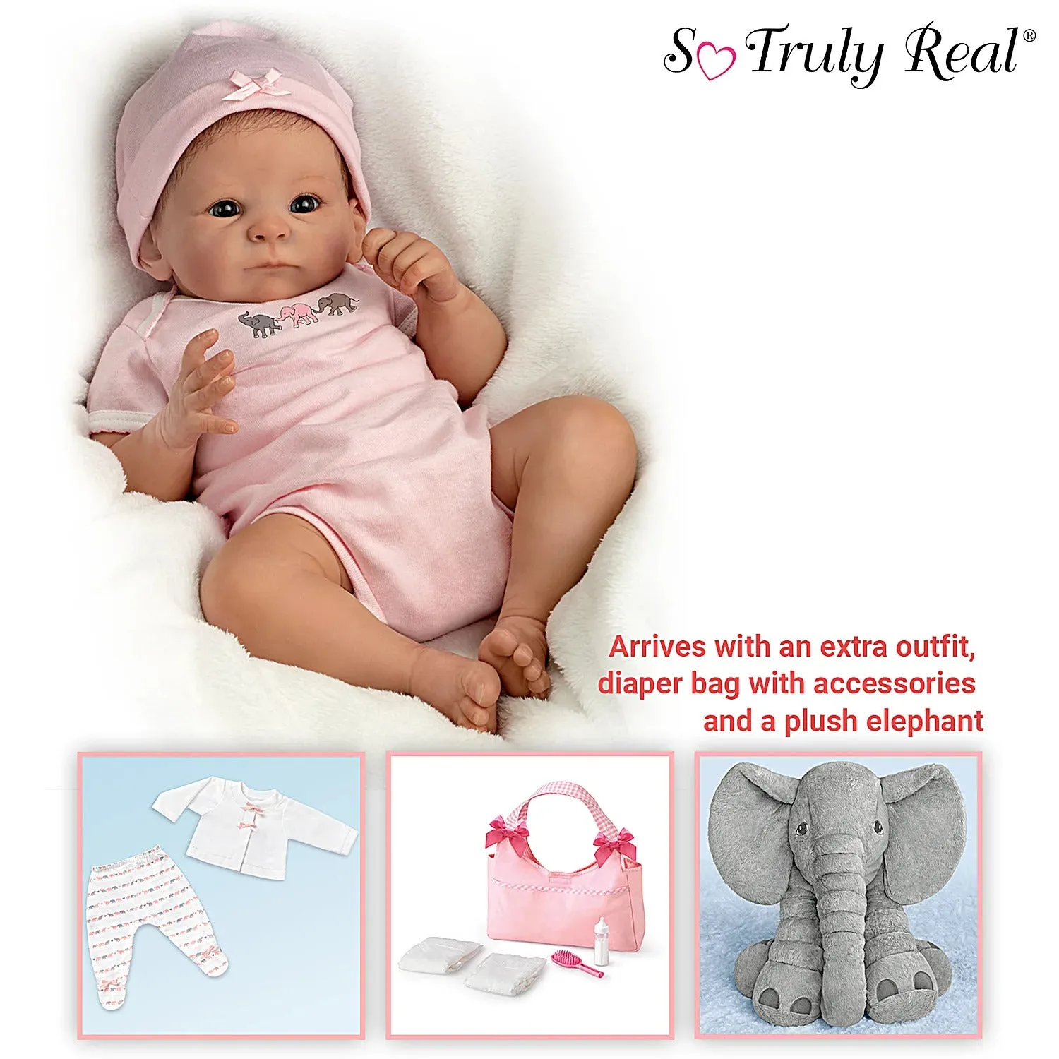 The Ashton-Drake Galleries Little Peanut Lifelike So Truly Real® Baby Girl Doll Soft RealTouch® Vinyl Skin with Deluxe Bundle Set Includes Additional Outfit Diaper Bag and Plush Elephant 17"-Inches