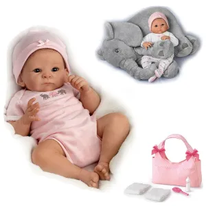 The Ashton-Drake Galleries Little Peanut Lifelike So Truly Real® Baby Girl Doll Soft RealTouch® Vinyl Skin with Deluxe Bundle Set Includes Additional Outfit Diaper Bag and Plush Elephant 17"-Inches